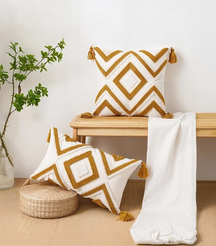 Cushions Covers Cozy Mustard Yellow White Tufted Throw Pillows Tassels